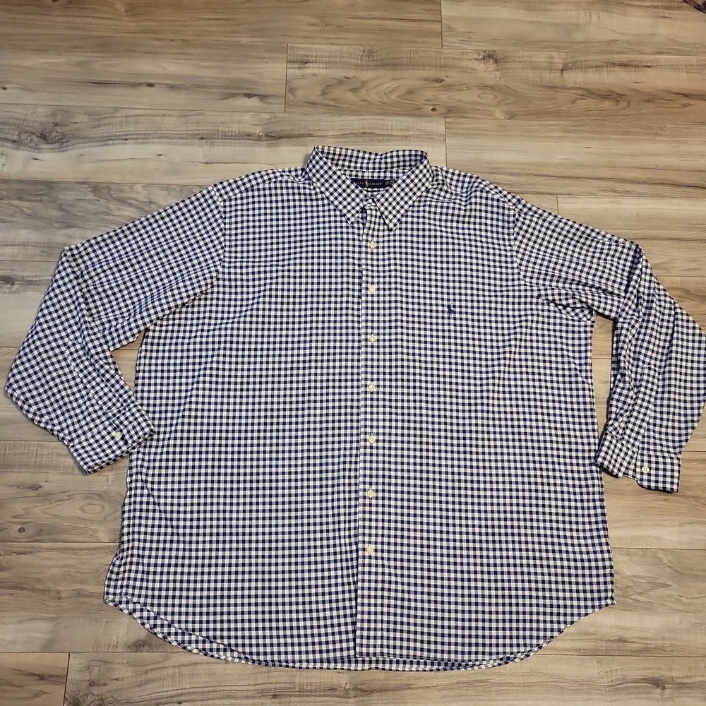 Ralph Lauren Polo Shirt Mens 3XB Blue White Gingham Check Performance L/S